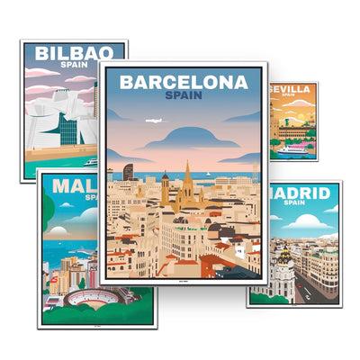 Spanien Travel Poster (Barcelona, Bilbao, Madrid, Malaga, Sevilla)