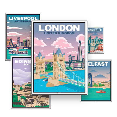 UK Travel Poster (Belfast, Edinburgh, Liverpool, London, Manchester)