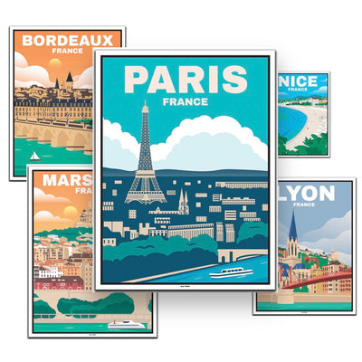 Frankreich Travel Poster (Bordeaux, Lyon, Marseille, Nice, Paris)