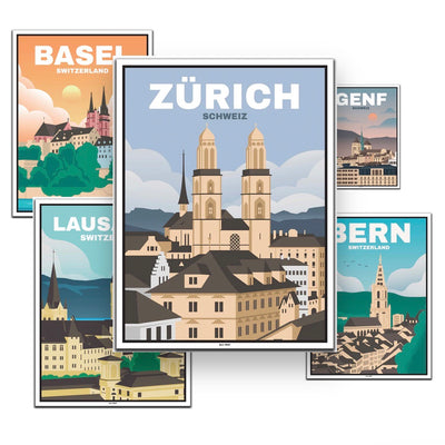 Schweiz Travel Poster (Basel, Bern, Genf, Lausanne, Zürich)