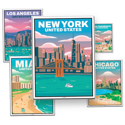 USA Travel Poster ((Chicago, Los Angeles, Miami, New York, San Fransisco)