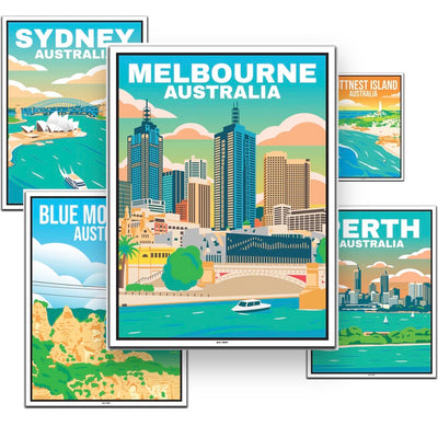 Australien 5er Poster-Set (Sydnea, Melbourne, Perth, Blue Mountains, Rottnest Island) - 50x70cm