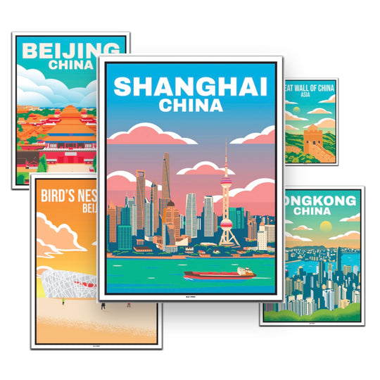 China 5er Poster-Set (Great Wall of China, Hongkong, Beijing, Shanghai, Bird's Nest) - 50x70cm