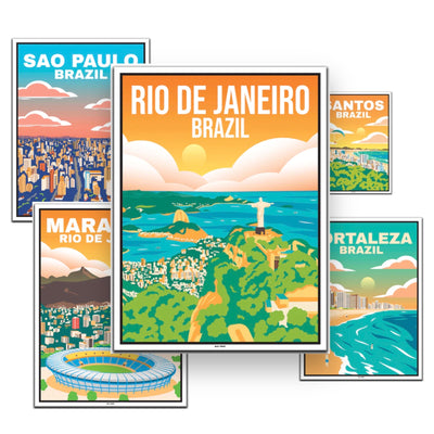 Brasilien 5er Poster-Set (Fortaleza, Maracana, Santos, Sao Paulo, Rio de Janeiro)