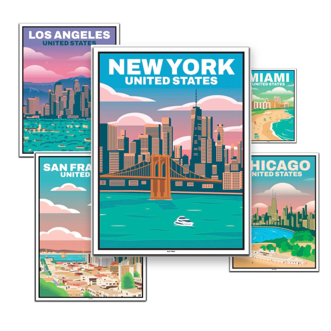 USA Travel Poster (Chicago, Los Angeles, Miami, New York, San Francisco)  - 50x70cm