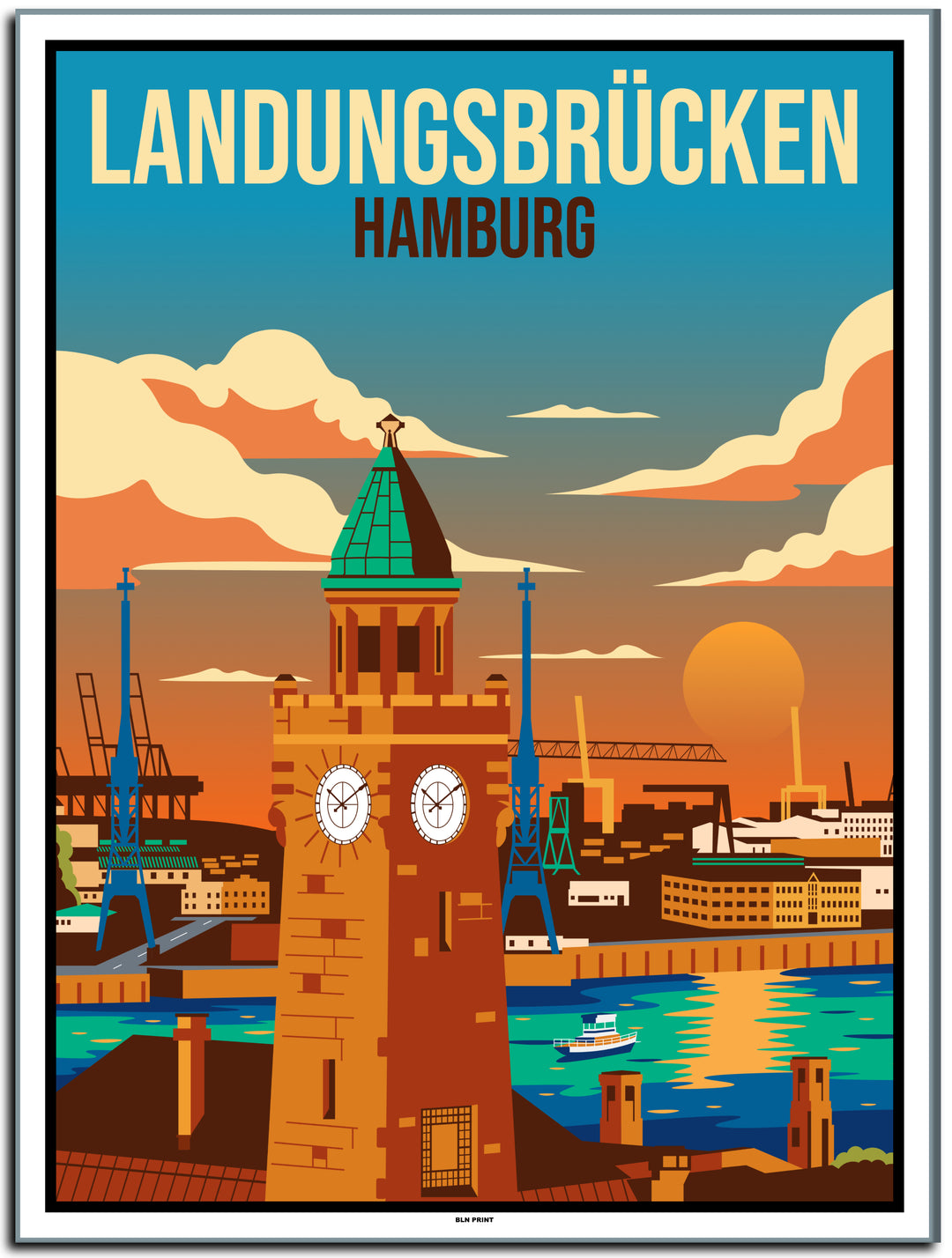 vintage kunstdruck poster landungsbrücken hamburger hafen #30x40cm-weier-farbrand