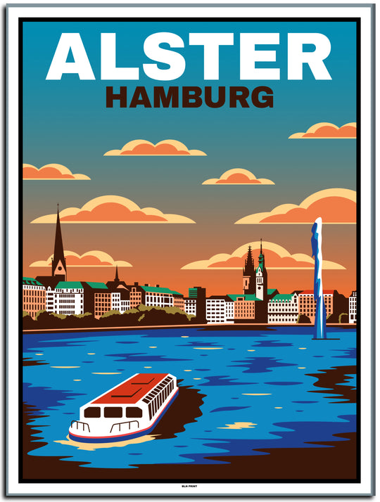 vintage kunstdruck travel retro poster  hamburg alster #30x40cm-white-color-border