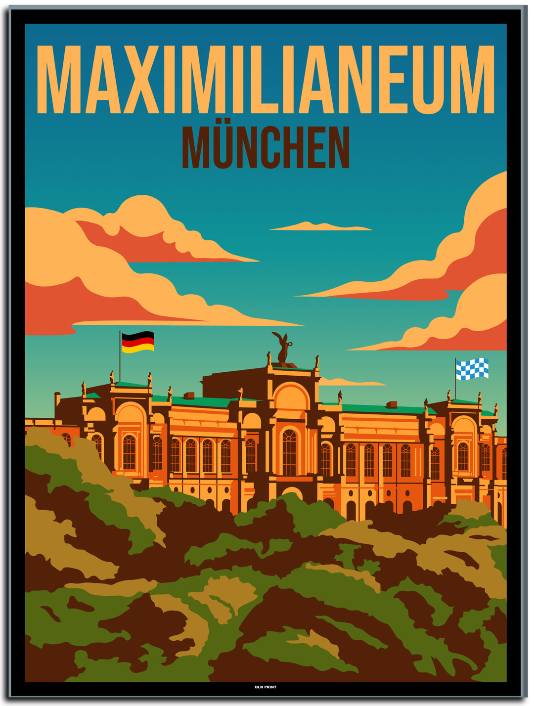 vintage kunstdruck travel retro poster maximlianeum münchen Online Shop #50x70cm-schwarzer-farbrand  