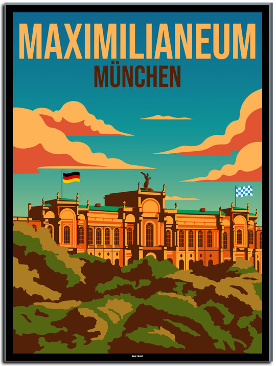 vintage kunstdruck travel retro poster maximlianeum münchen Online Shop #50x70cm-schwarzer-farbrand  