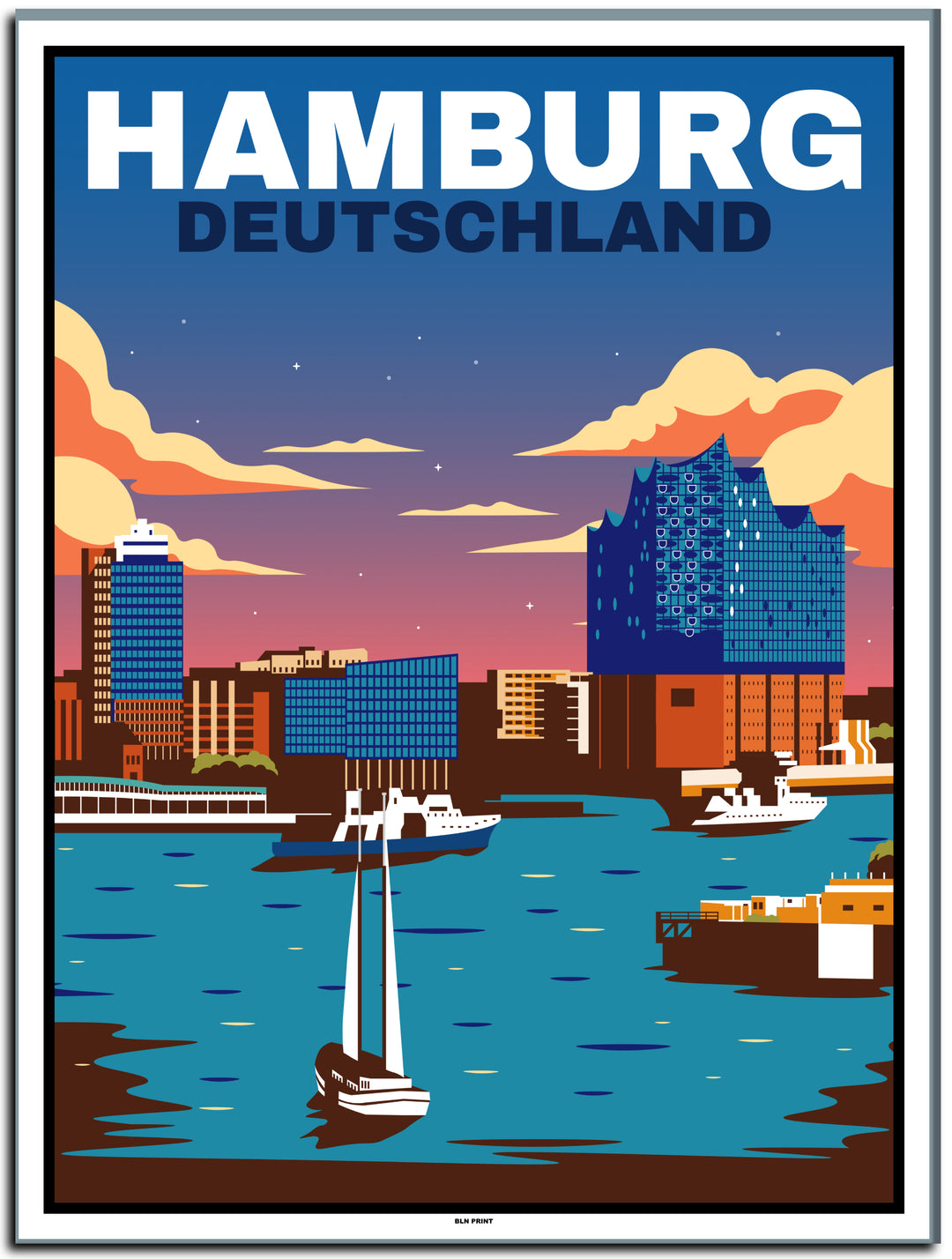 vintage kunstdruck travel retro poster  hamburg skyline Online Shop #30x40cm-weier-farbrand