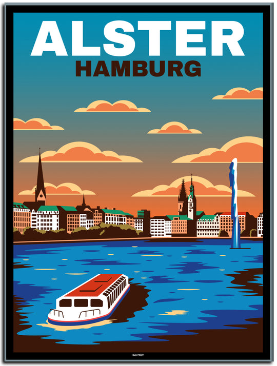 vintage kunstdruck travel retro poster  hamburg alster #30x40cm-black-color-border