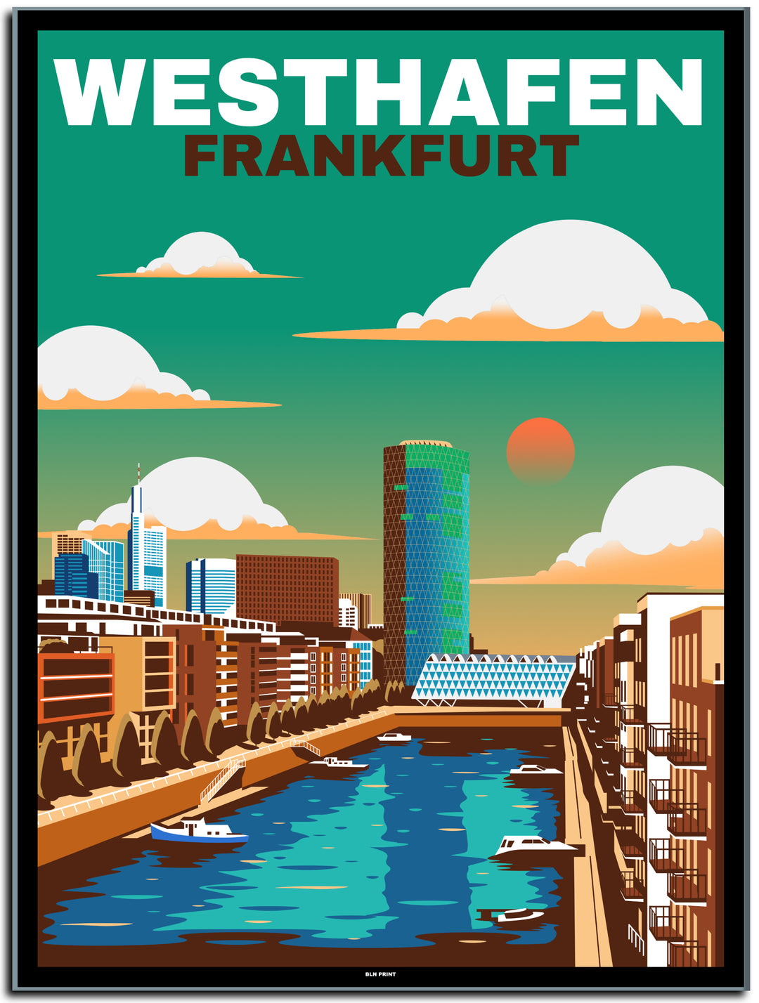 vintage kunstdruck travel retro poster Westhafen Frankfurt Online Shop #30x40cm-schwarzer-farbrand