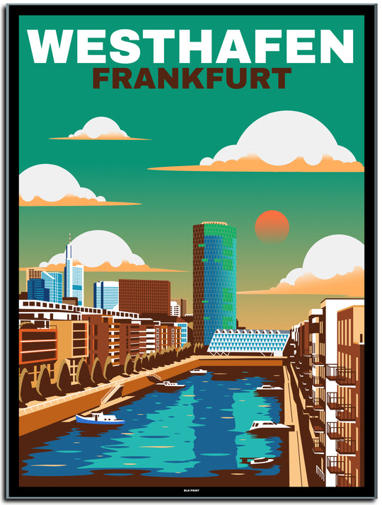 vintage kunstdruck travel retro poster Westhafen Frankfurt Online Shop #30x40cm-black-color-border