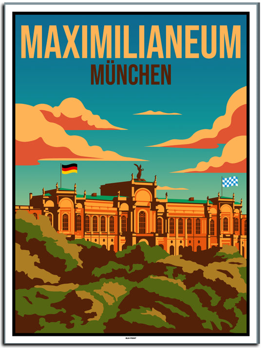 vintage kunstdruck travel retro poster maximlianeum münchen Online Shop #30x40cm-white-color-border
