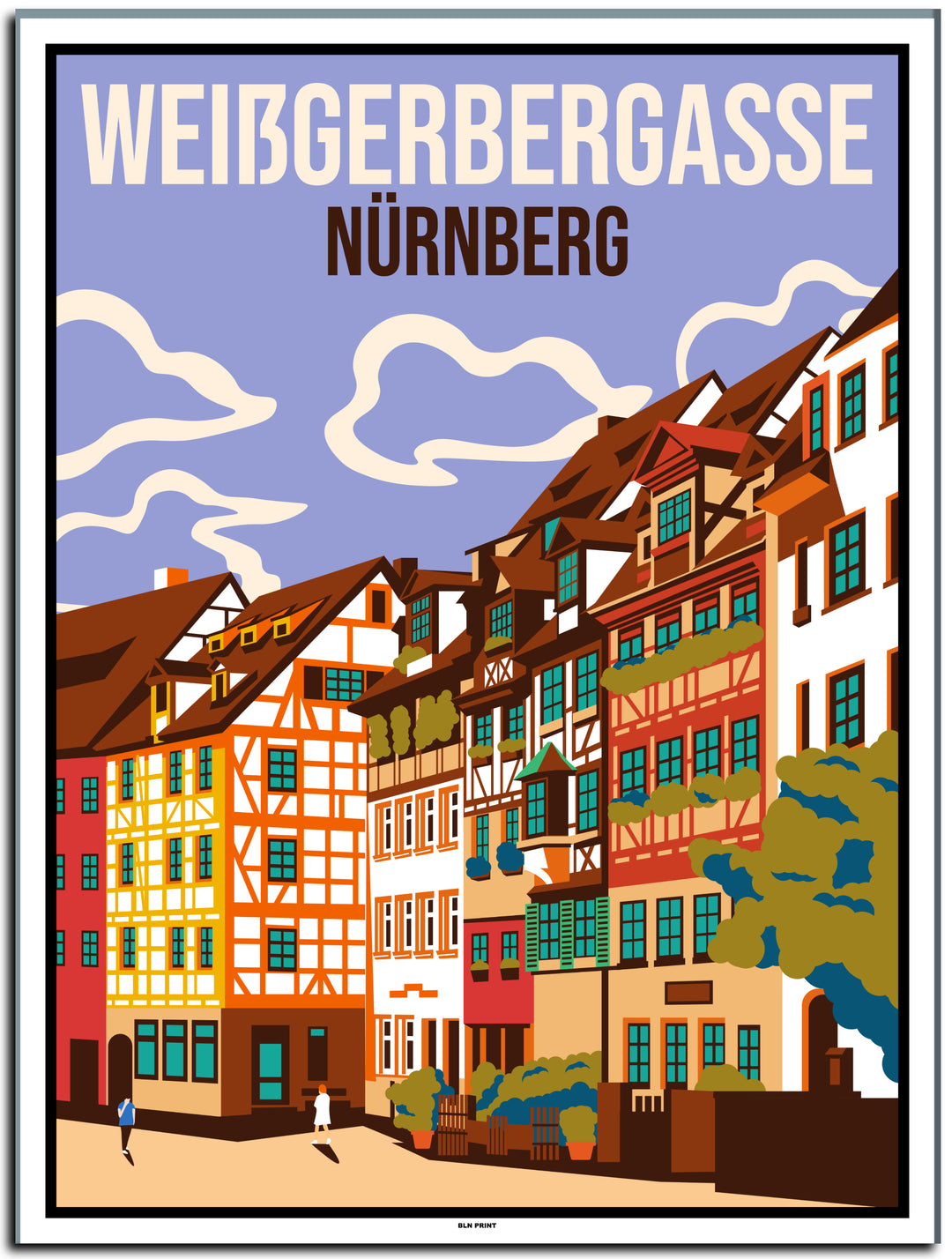 vintage kunstdruck travel retro poster weißgerbergasse nürnberg Online Shop #30x40cm-white-color-border