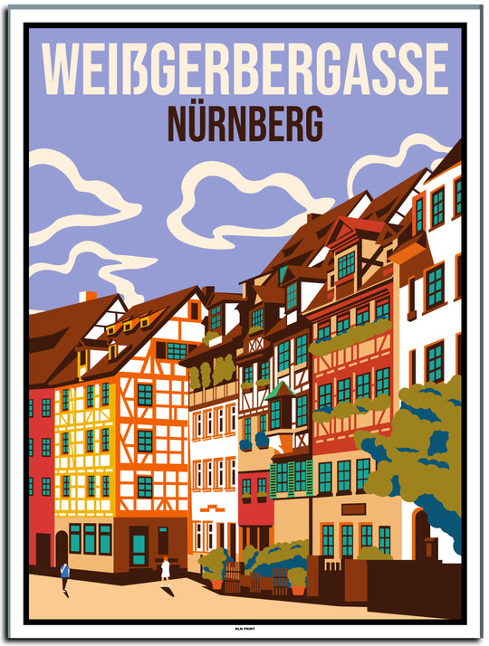 vintage kunstdruck travel retro poster weißgerbergasse nürnberg Online Shop #30x40cm-white-color-border
