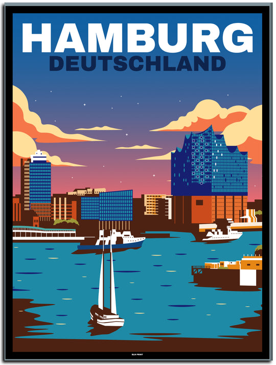 vintage kunstdruck travel retro poster  hamburg skyline Online Shop #30x40cm-schwarzer-farbrand