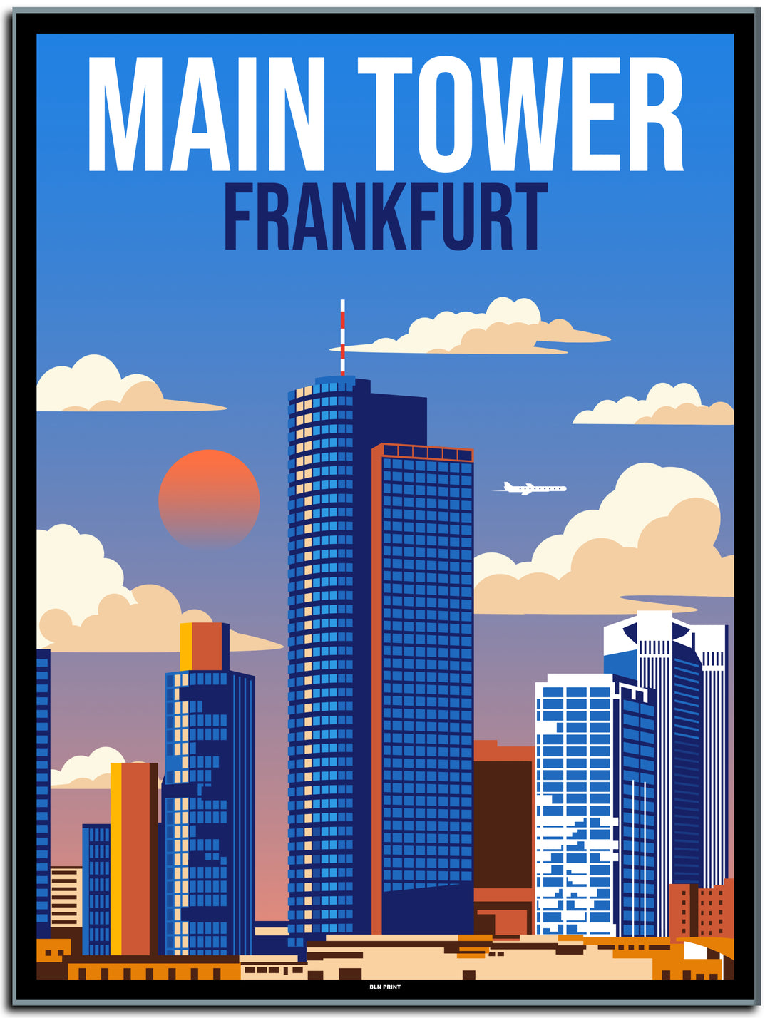 vintage kunstdruck travel retro poster Main Tower Frankfurt Online Shop  #30x40cm-black-color-border
