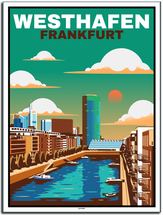 vintage kunstdruck travel retro poster Westhafen Frankfurt Online Shop  #30x40cm-white-color-border