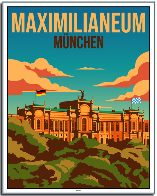vintage kunstdruck travel retro poster maximlianeum münchen Online Shop #40x50cm-weier-farbrand 