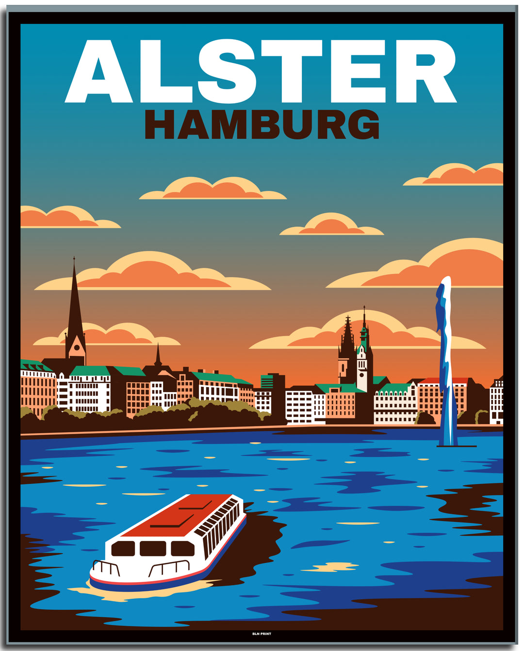 vintage kunstdruck travel retro poster  hamburg alster #40x50cm-black-color-border