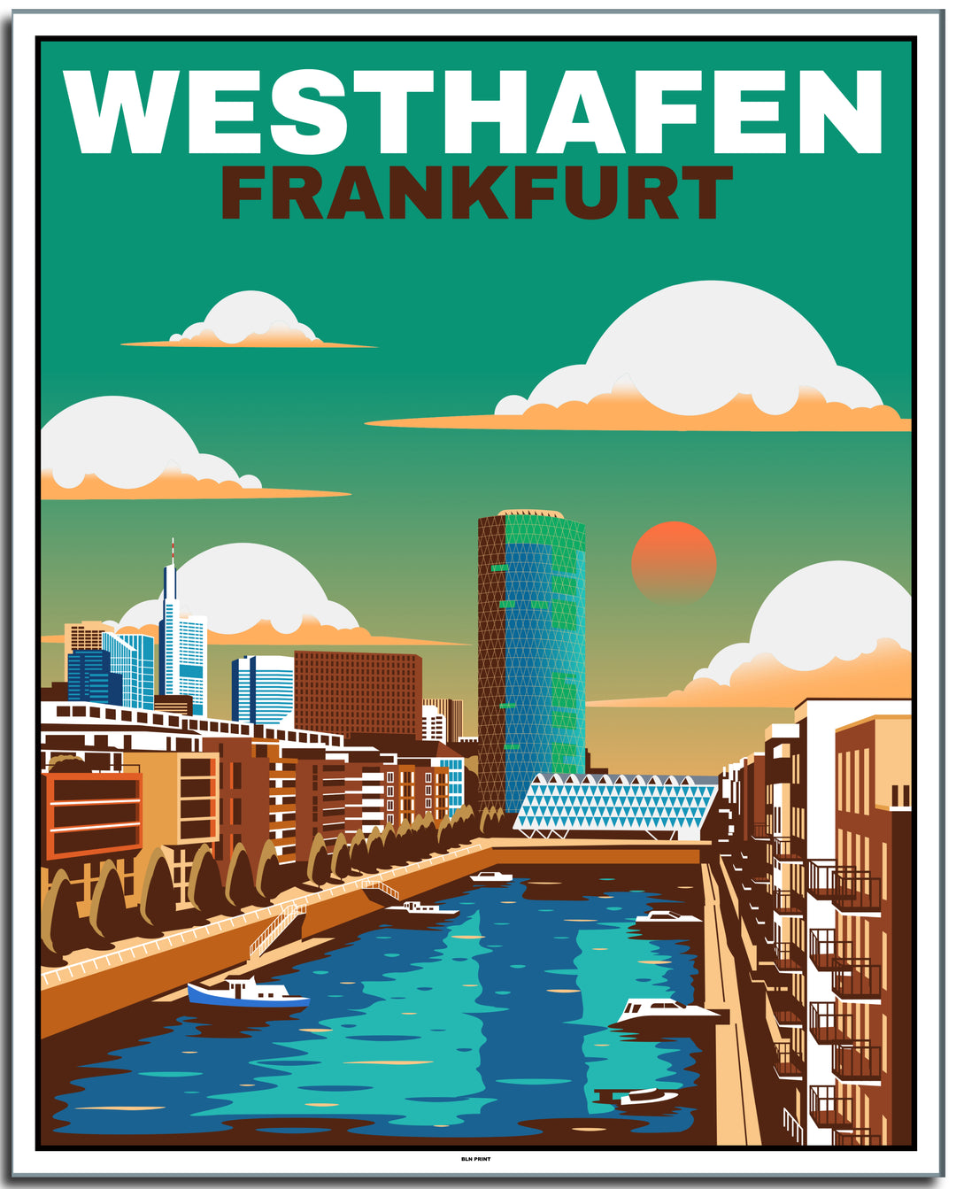 vintage kunstdruck travel retro poster Westhafen Frankfurt Online Shop #40x50cm-white-color-border
