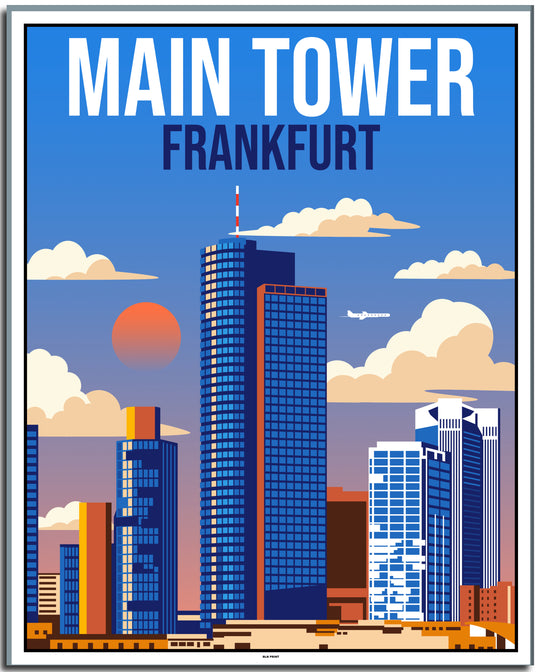vintage kunstdruck travel retro poster Main Tower Frankfurt Online Shop  #40x50cm-white-color-border