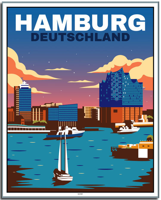 vintage kunstdruck travel retro poster  hamburg skyline Online Shop #40x50cm-weier-farbrand
