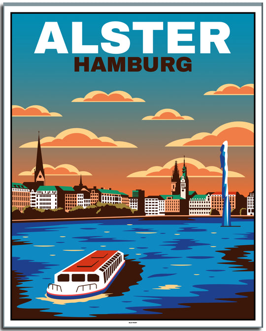 vintage kunstdruck travel retro poster  hamburg alster #40x50cm-weier-farbrand