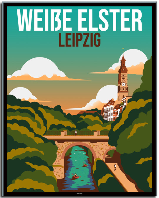vintage kunstdruck travel retro poster Weiße Elster Leipzig Online Shop #40x50cm-black-color-border