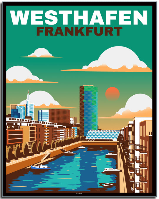 vintage kunstdruck travel retro poster Westhafen Frankfurt Online Shop #40x50cm-schwarzer-farbrand