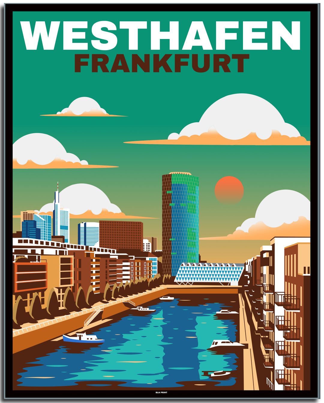 vintage kunstdruck travel retro poster Westhafen Frankfurt Online Shop #40x50cm-black-color-border