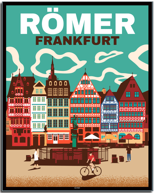 vintage kunstdruck travel retro poster Römer Frankfurt Online Shop #40x50cm-black-color-border
