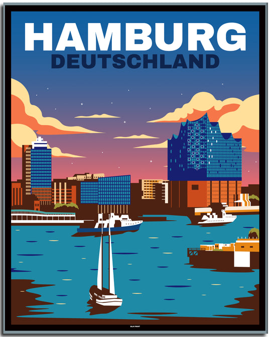 vintage kunstdruck travel retro poster  hamburg skyline Online Shop #40x50cm-black-color-border