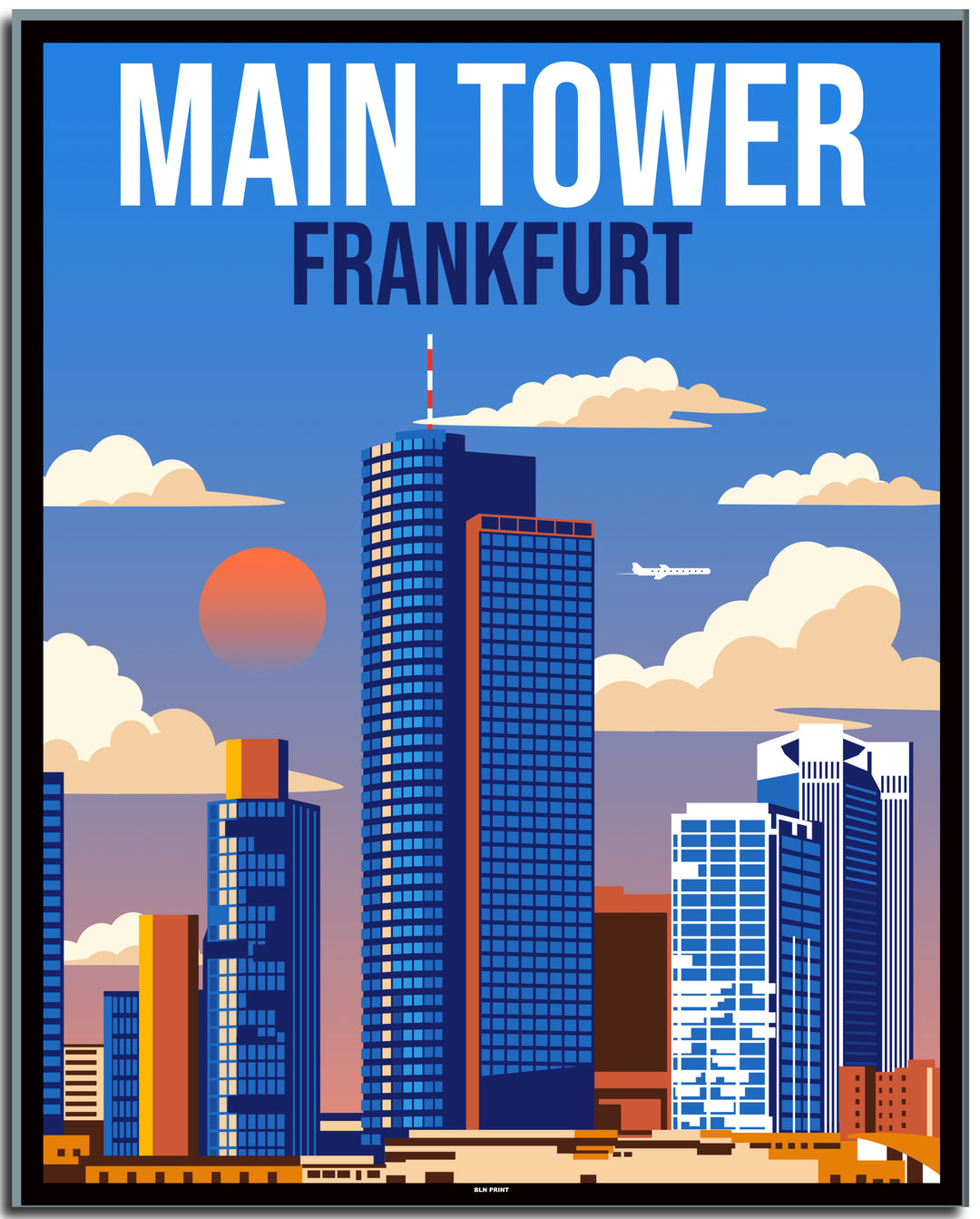 vintage kunstdruck travel retro poster Main Tower Frankfurt Online Shop  #40x50cm-black-color-border