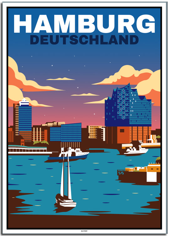 vintage kunstdruck travel retro poster  hamburg skyline Online Shop #50x70cm-white-color-border
