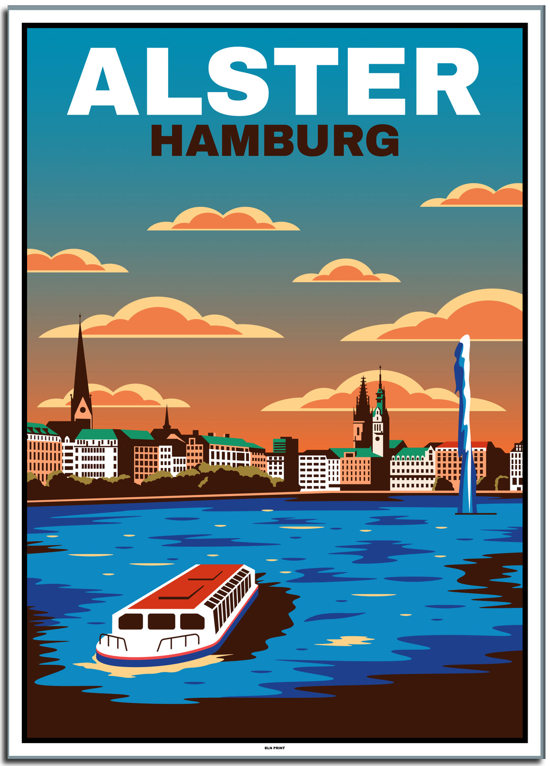 vintage kunstdruck travel retro poster  hamburg alster #50x70cm-white-color-border