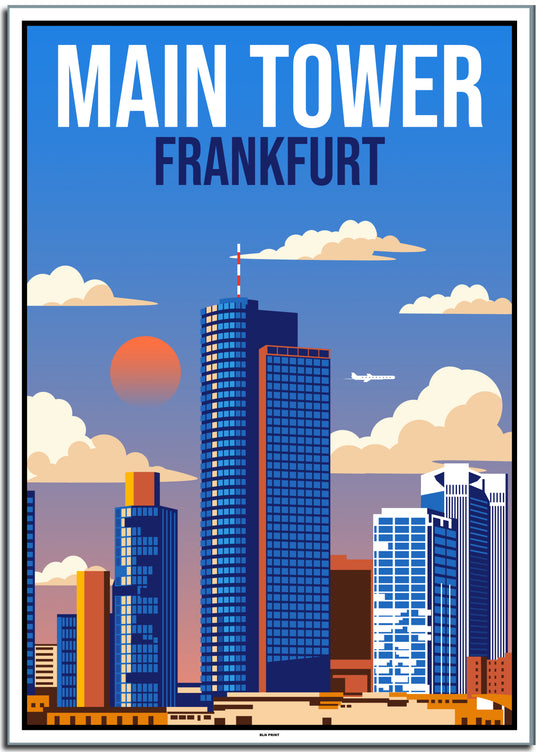 vintage kunstdruck travel retro poster Main Tower Frankfurt Online Shop  #50x70cm-white-color-border