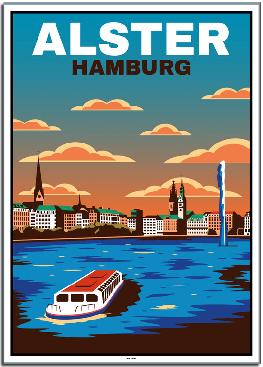 vintage kunstdruck travel retro poster  hamburg alster  #50x70cm-weier-farbrand