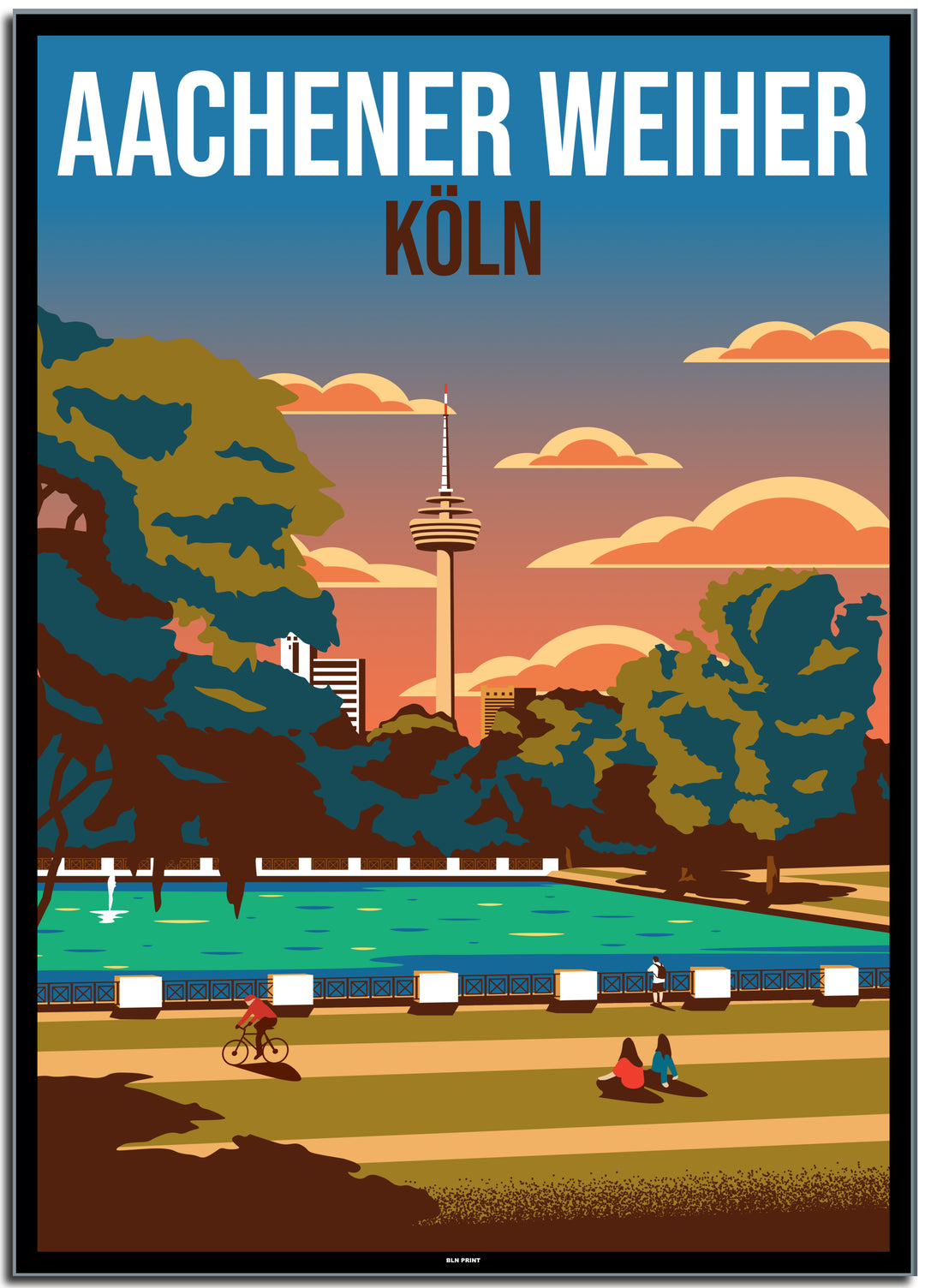 vintage kunstdruck travel retro poster aachener weiher Köln Online Shop #50x70cm-black-color-border