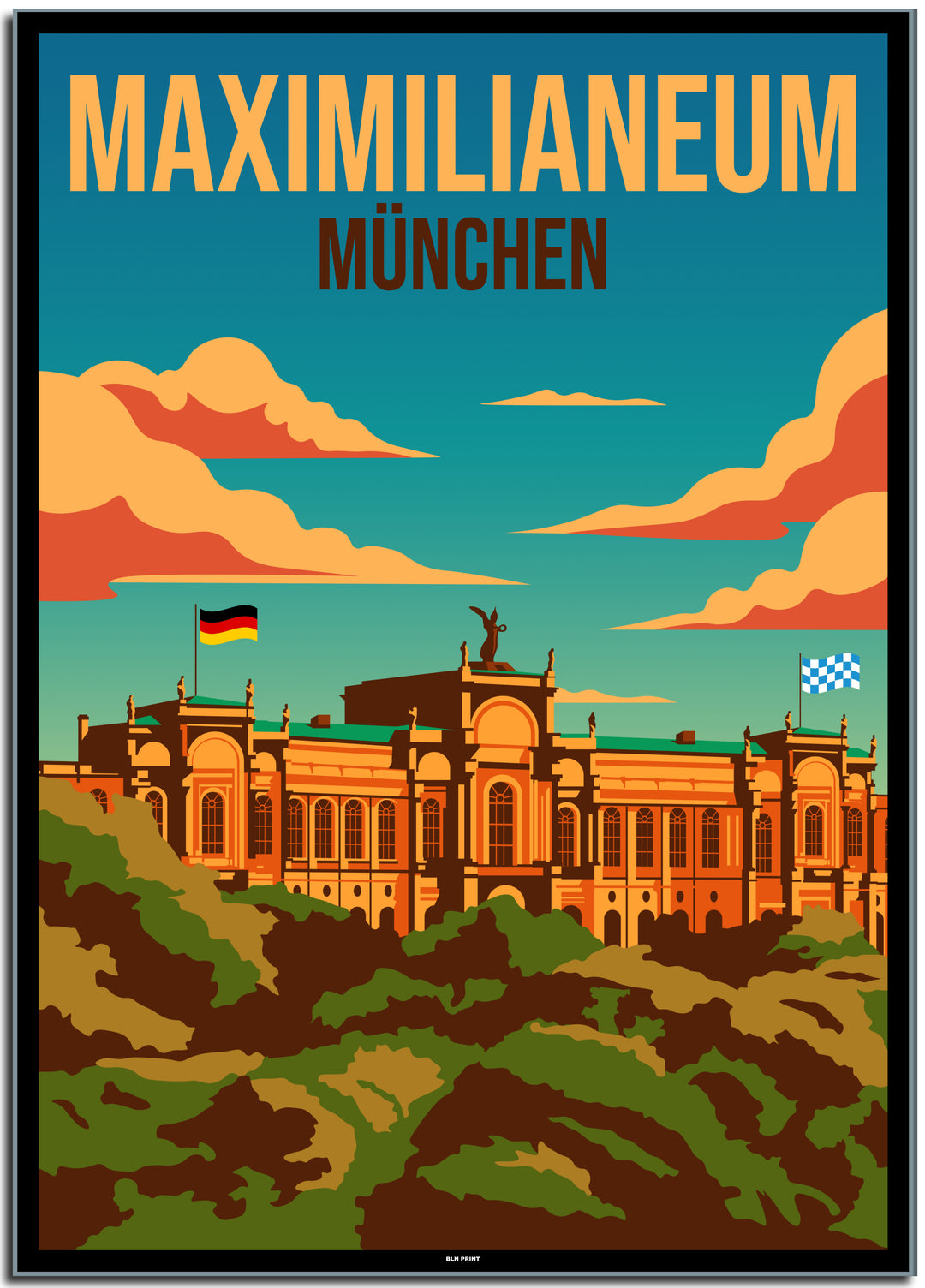 vintage kunstdruck travel retro poster maximlianeum münchen Online Shop #50x70cm-black-color-border