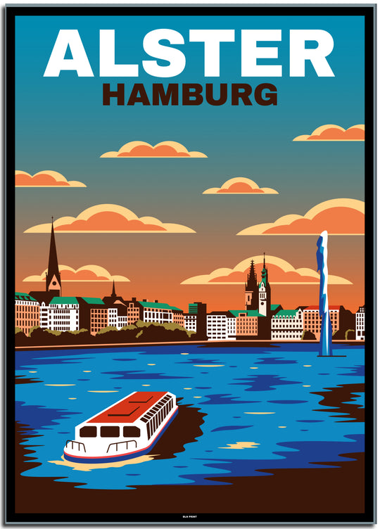 vintage kunstdruck travel retro poster  hamburg alster  #50x70cm-schwarzer-farbrand