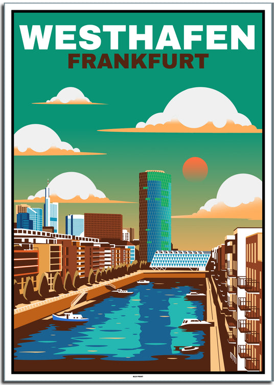 vintage kunstdruck travel retro poster Westhafen Frankfurt Online Shop #50x70cm-white-color-border