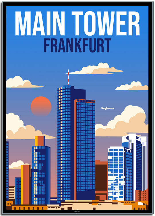 vintage kunstdruck travel retro poster Main Tower Frankfurt Online Shop  #50x70cm-schwarzer-farbrand
