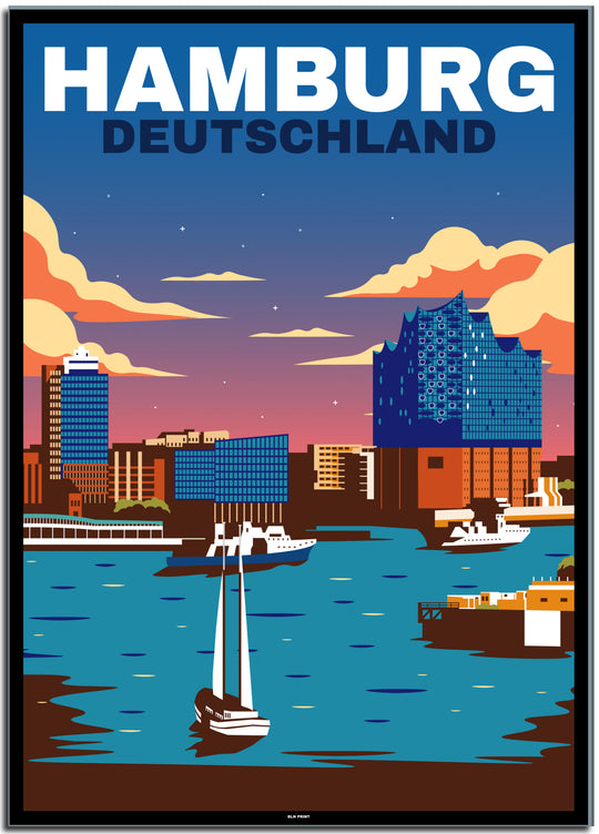 vintage kunstdruck travel retro poster  hamburg skyline Online Shop #50x70cm-schwarzer-farbrand