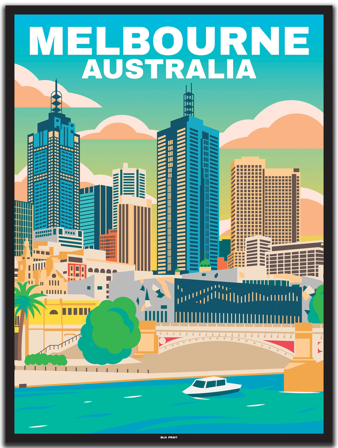 vintage travel poster melbourne #30x40cm-black-color-border