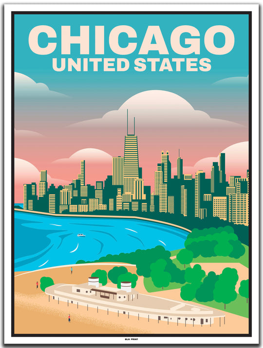 vintage travel poster chicago #30x40cm-white-color-border