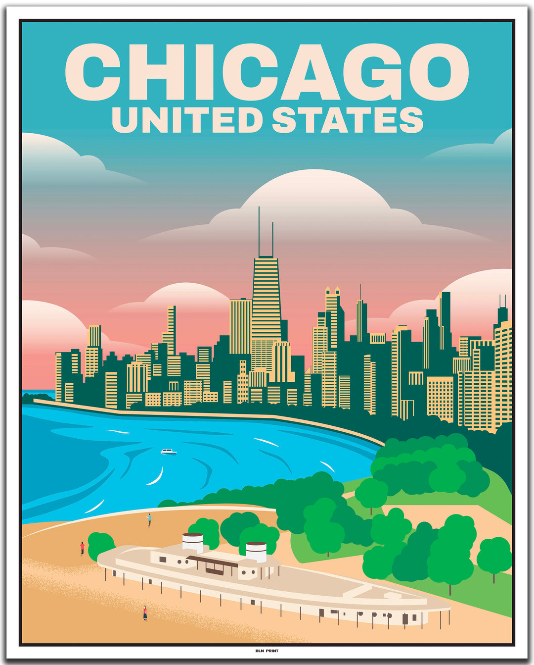 vintage travel poster chicago #40x50cm-white-color-border