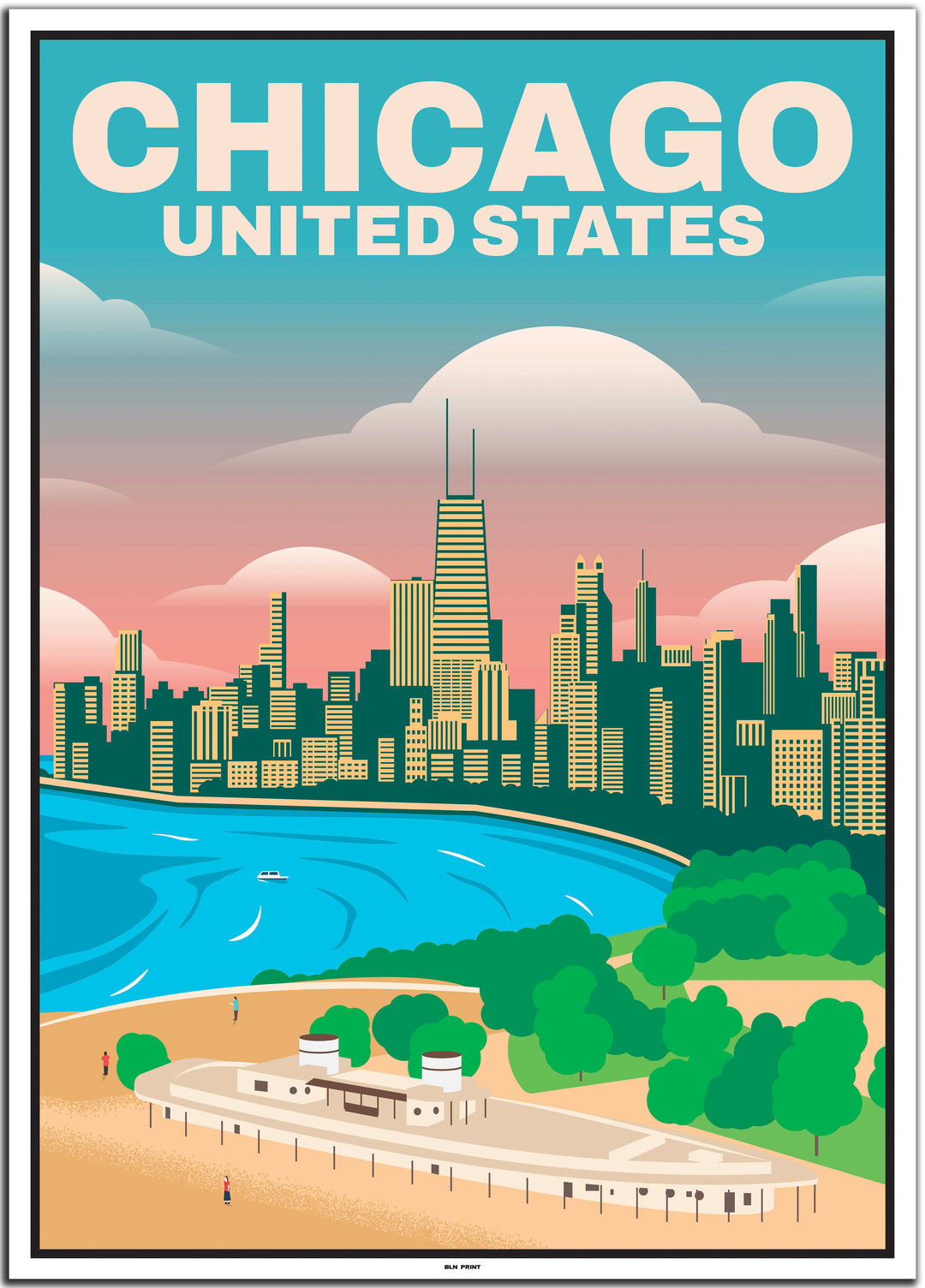 vintage travel poster chicago #50x70cm-white-color-border