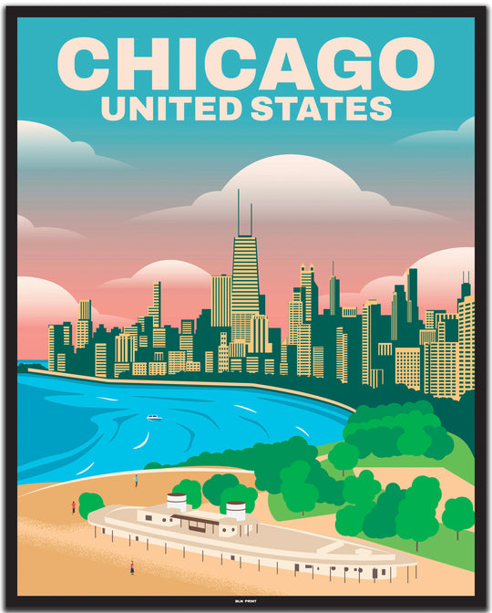 vintage travel poster chicago #40x50cm-black-color-border